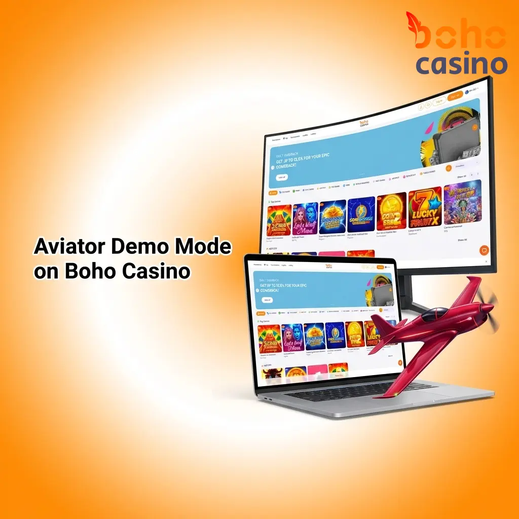 Aviator demo mode interface on Boho Casino showing dual bet panel and auto cash-out settings with virtual credits