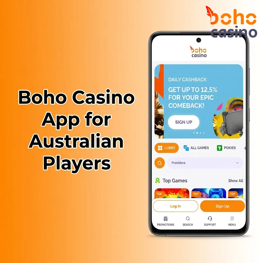 Boho Casino mobile app interface displayed on iOS and Android devices for Australian players