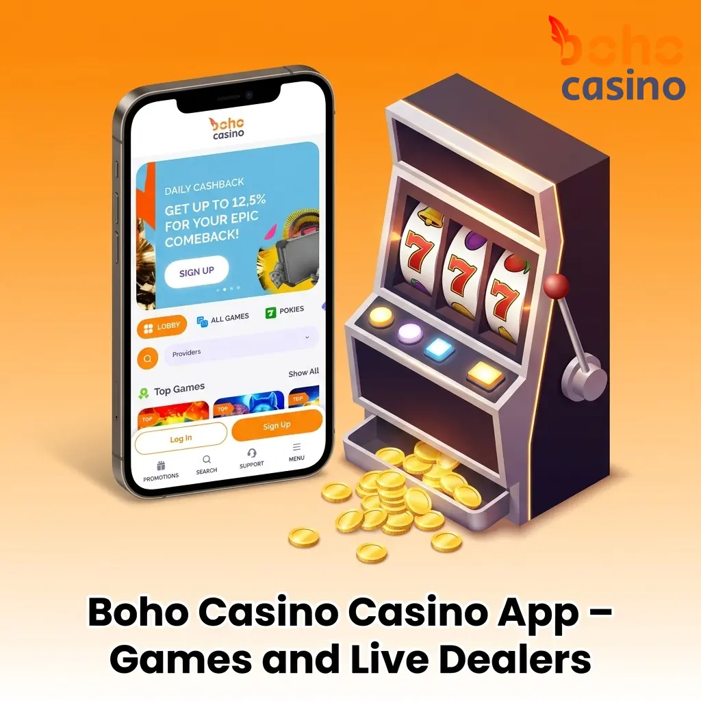 Boho Casino app home screen showing live dealer games, pokies, and table games from Pragmatic Play and Evolution Gaming