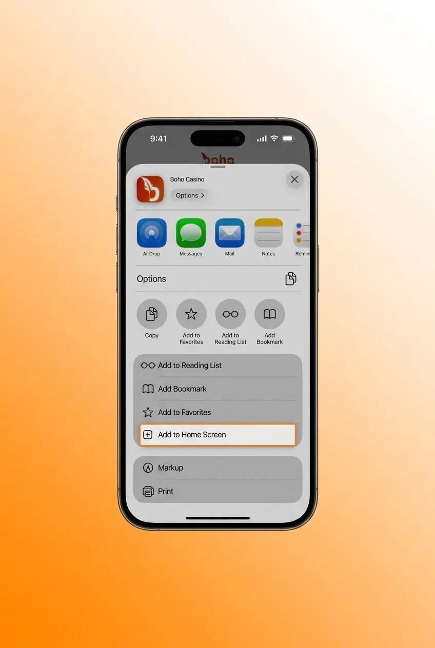 Boho Casino PWA installation steps on iOS Safari for playing Aviator on iPhone or iPad home screen