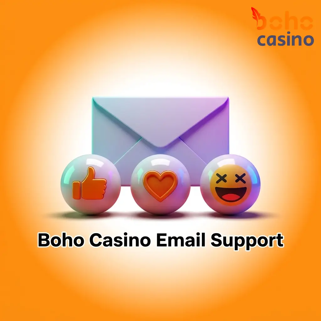 Boho Casino email support interface showing contact options for account verification, complaints, and technical issues