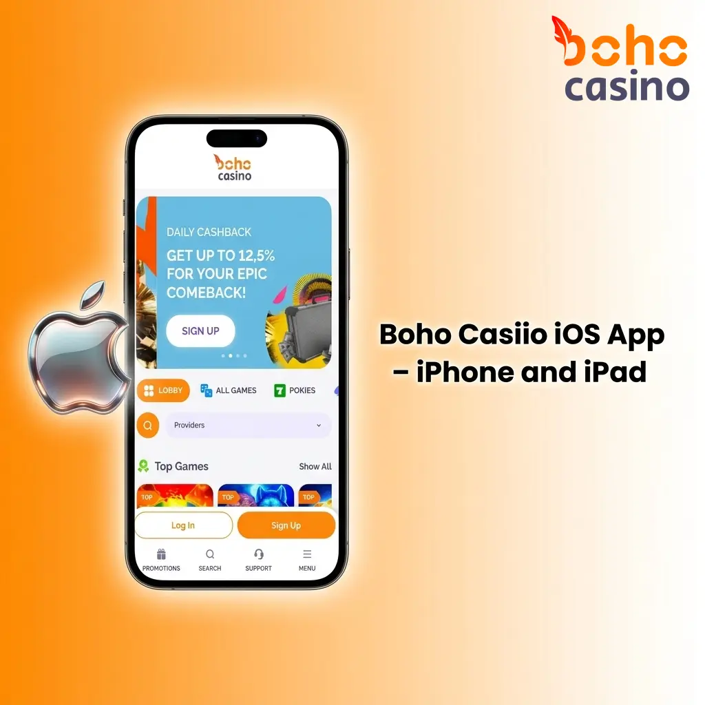 Boho Casino iOS app interface displayed on iPhone and iPad, available free for Australian players on iOS 13.0 or later