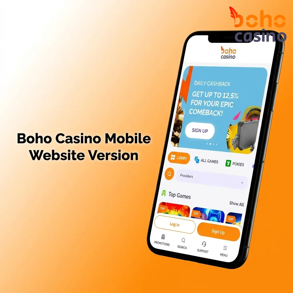 Boho Casino mobile website interface showing casino games, live dealer tables and sports betting on smartphone and tablet