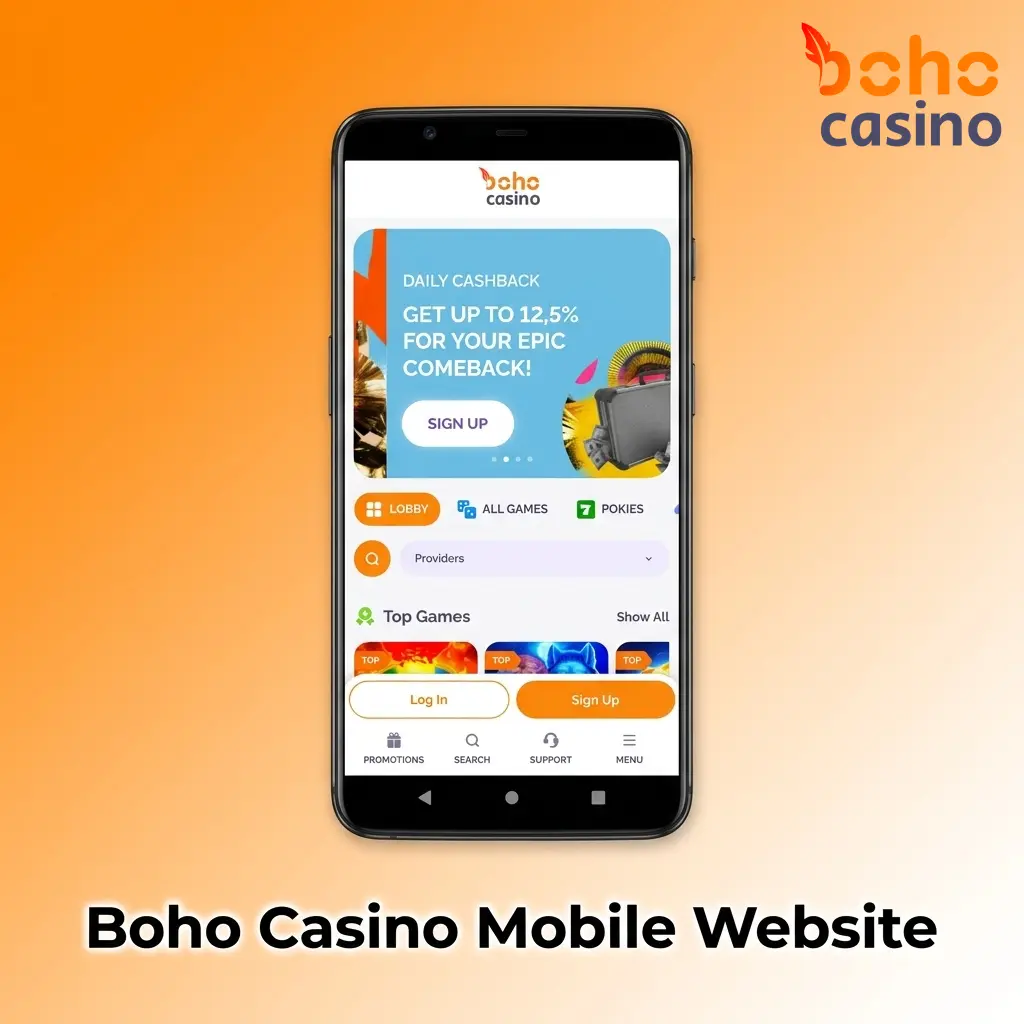 Boho Casino mobile website displaying casino lobby and sportsbook on smartphone with touch-screen navigation