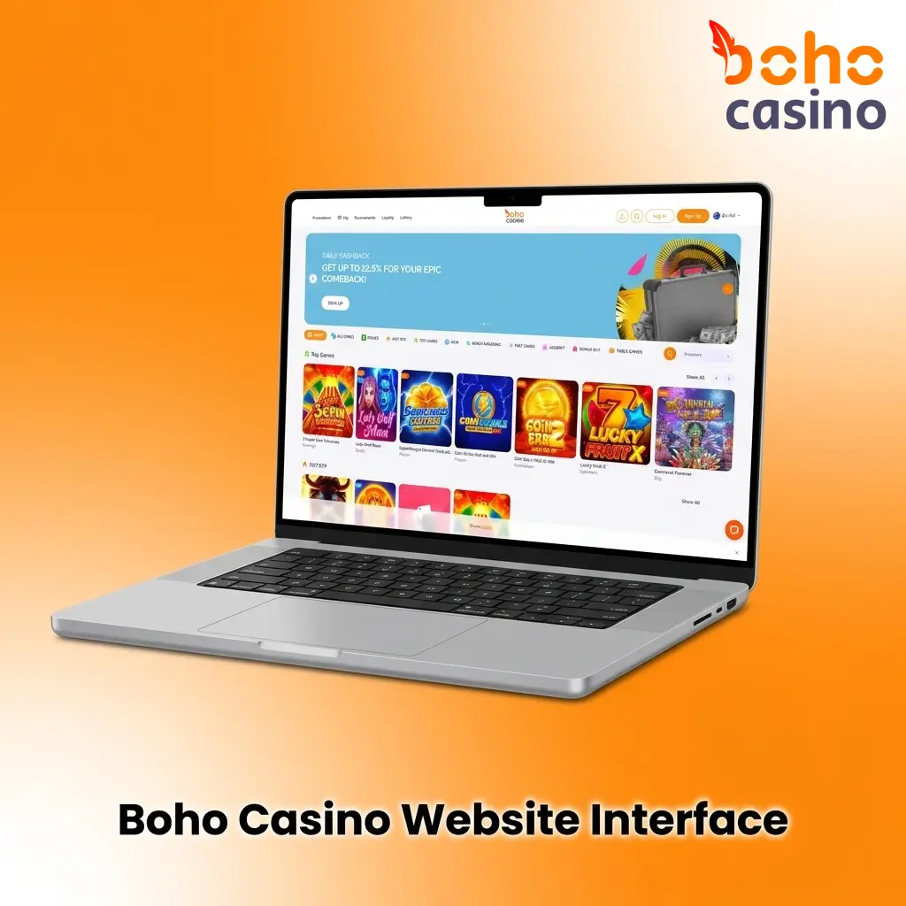 Boho Casino dark-themed website interface with orange accents, top navigation bar, and login and registration buttons.