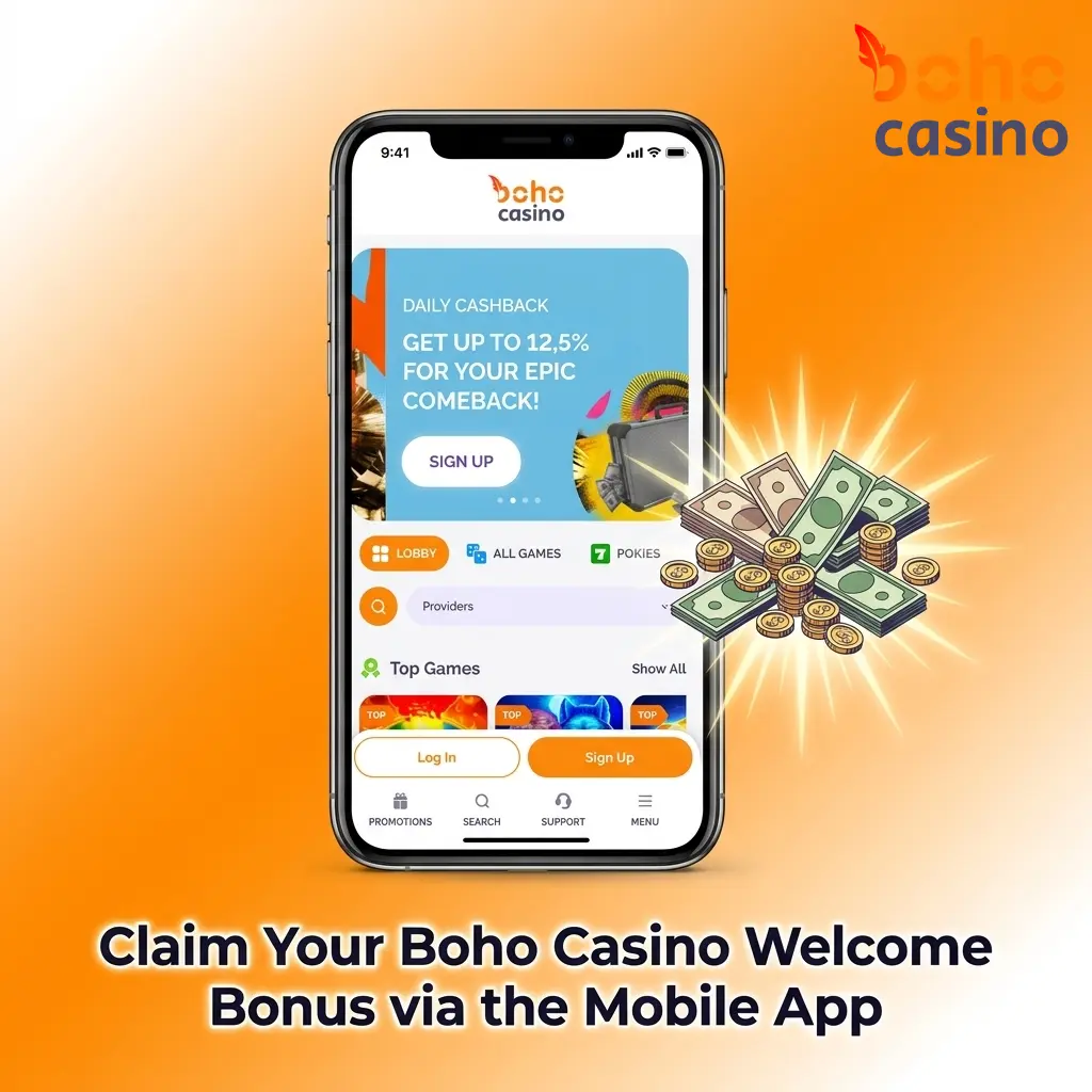 Boho Casino mobile app welcome bonus claim process on iOS and Android devices with registration steps