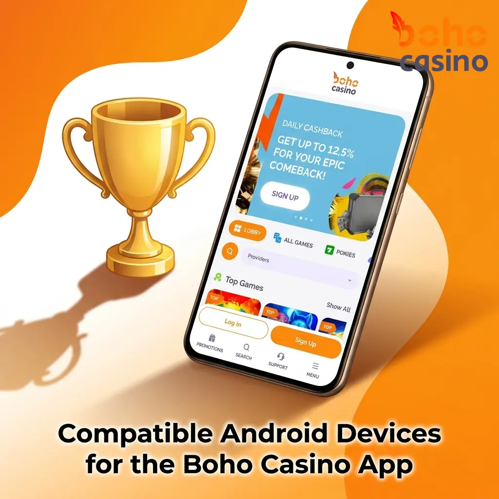 Boho Casino Android app compatible devices including Samsung, Google Pixel, OnePlus, Oppo, Xiaomi, Sony, Motorola and Nokia