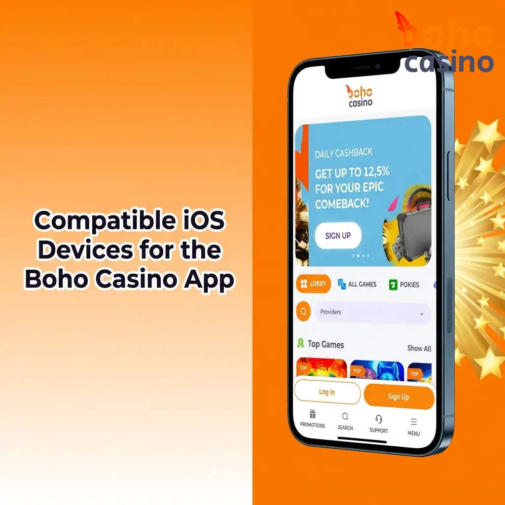 List of compatible iOS devices for the Boho Casino app including iPhone X through 15 series and iPad models from 2020 onwards