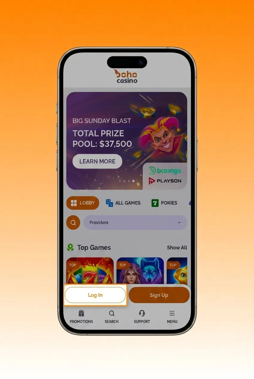 Boho Casino welcome bonus claim steps showing deposit process for 100% match up to 777 AUD and 100 Free Spins