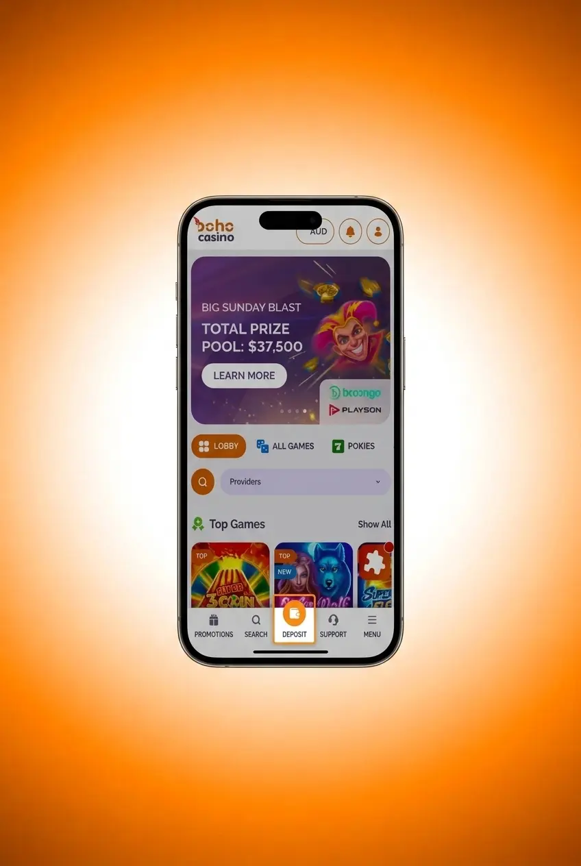 Step-by-step guide showing how to make a deposit at Boho Casino with payment options and AUD 20 minimum