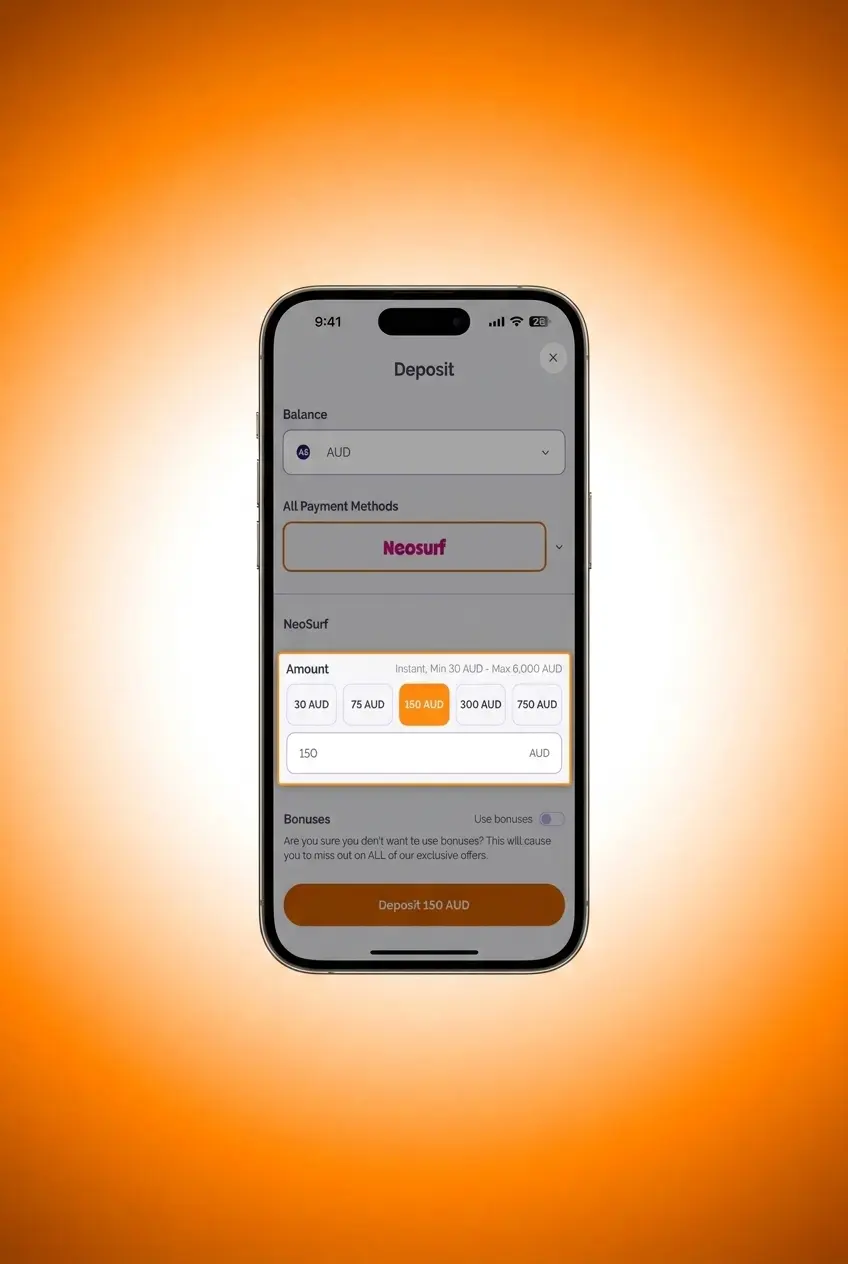Step-by-step guide showing how to make a deposit at Boho Casino with payment options and minimum AUD 20 requirement