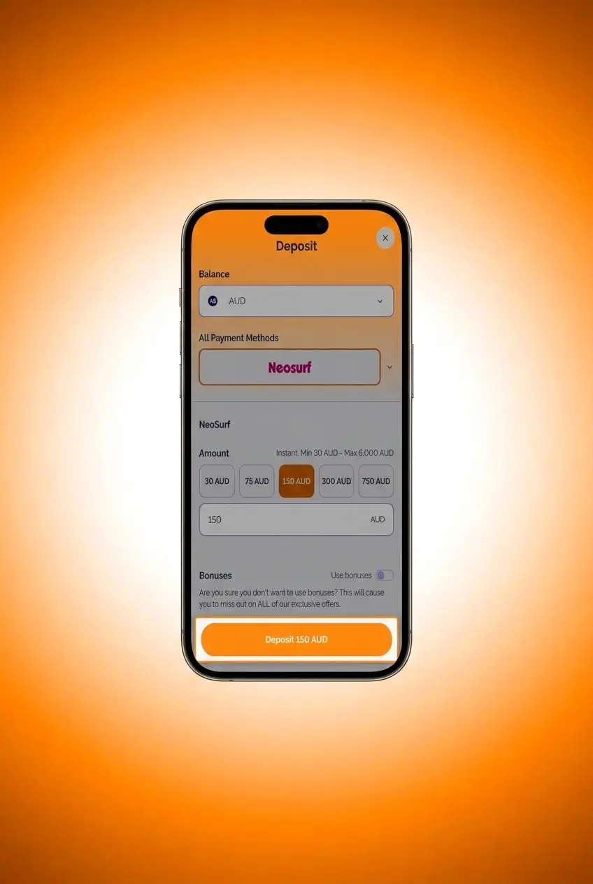 Step-by-step guide showing how to make a deposit at Boho Casino with payment options and AUD 20 minimum
