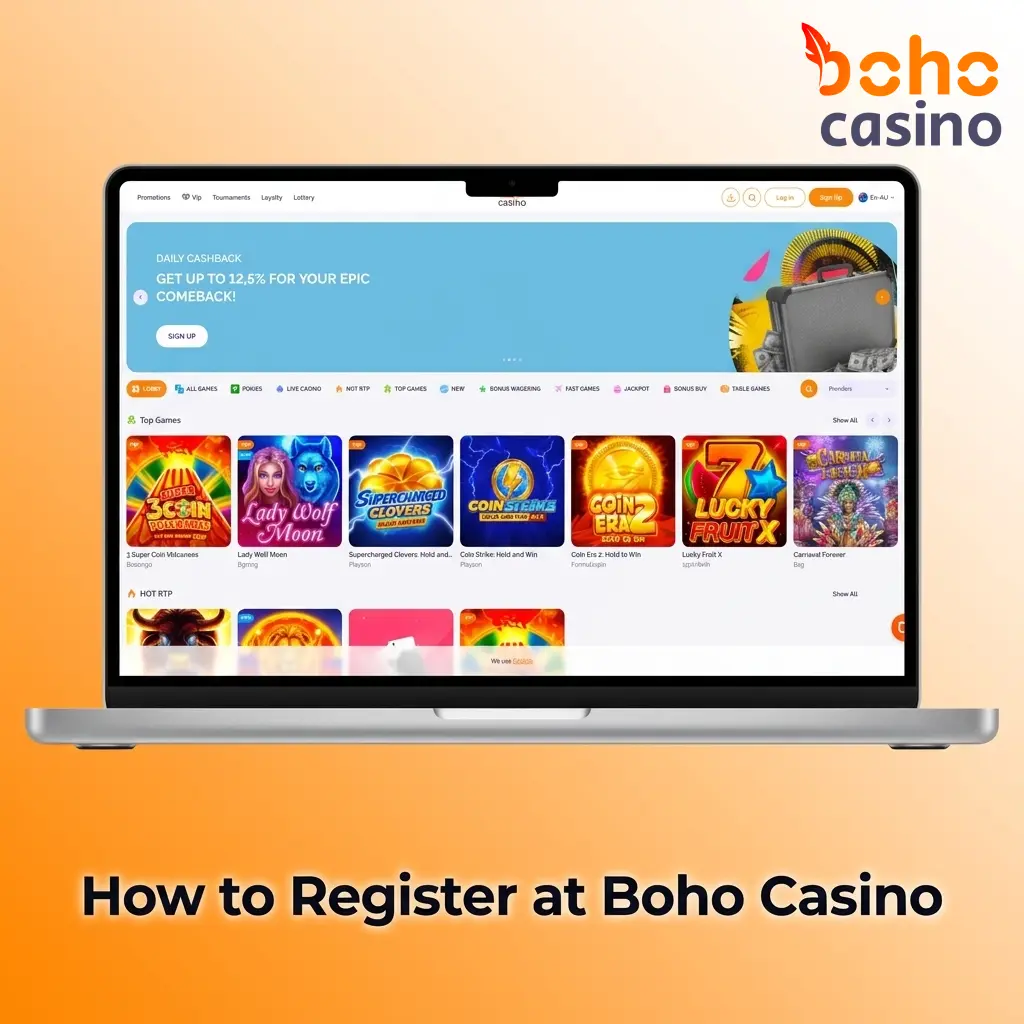 Step-by-step Boho Casino registration guide showing account creation process to claim welcome bonus and free spins