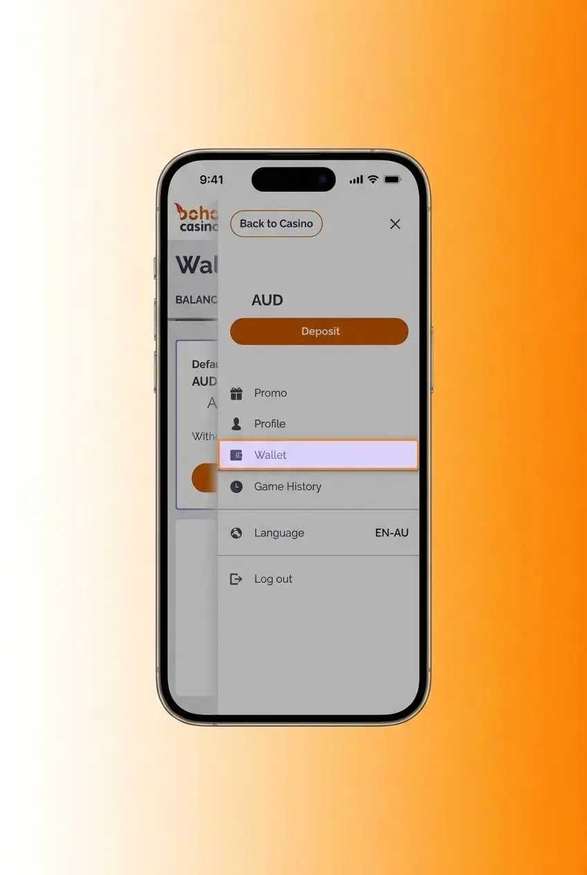 Boho Casino withdrawal steps showing cashier section, method selection, AUD 50 minimum, and processing times up to 5 days