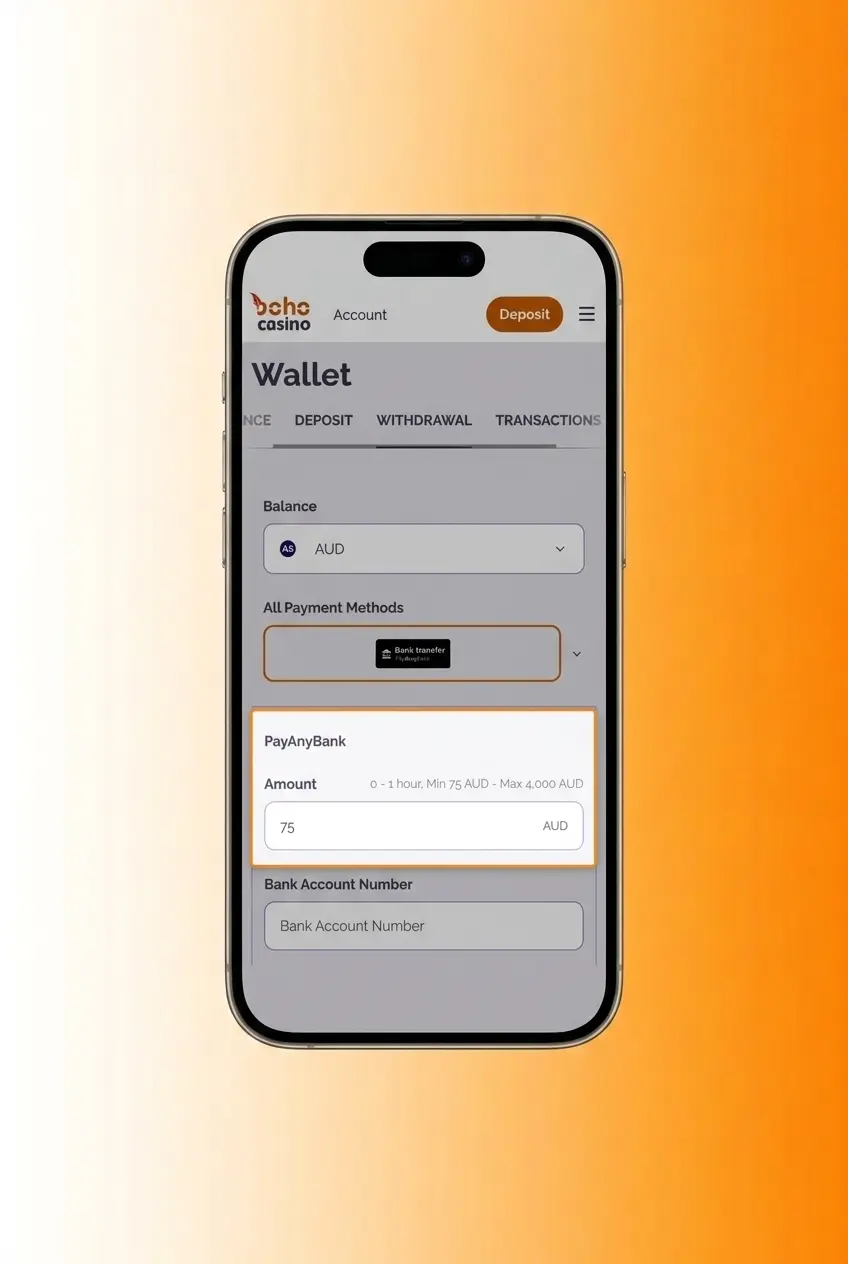 Boho Casino withdrawal steps showing cashier navigation, method selection, and AUD 50 minimum amount confirmation process