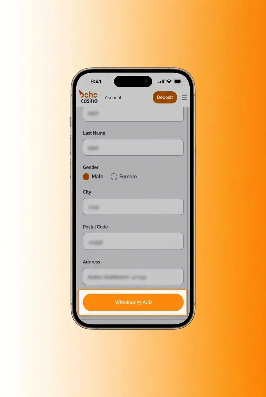Boho Casino withdrawal steps showing cashier section, method selection, and AUD 50 minimum amount confirmation process