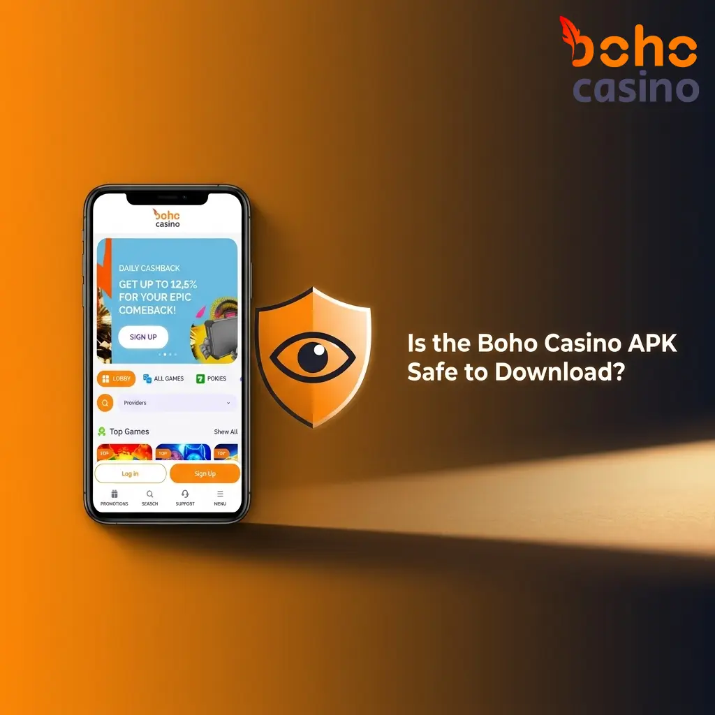 Boho Casino APK download on mobile showing SSL encryption badge and Curaçao eGaming licence logo for Australian players