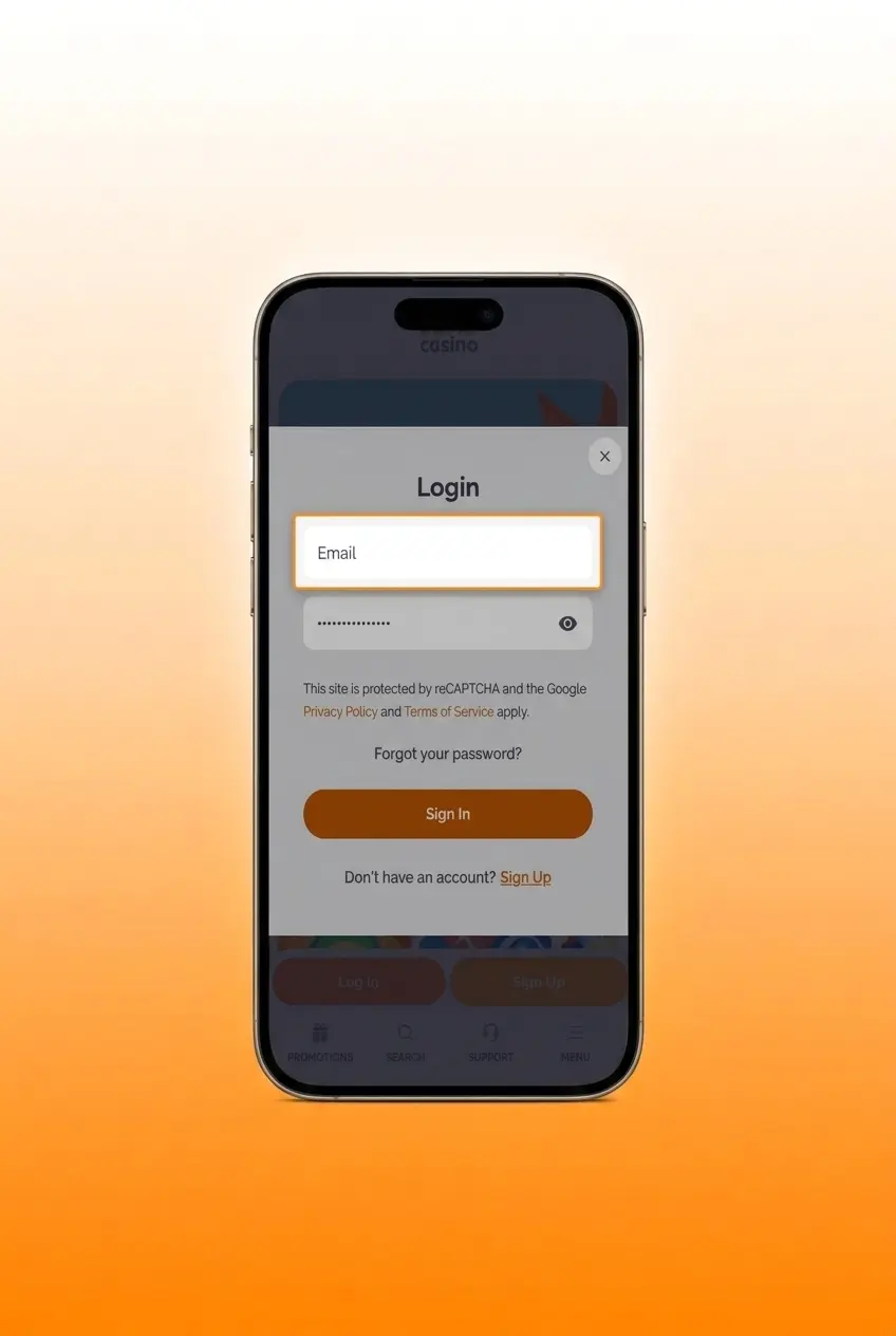 Boho Casino login screen showing email and password fields with Google sign-in option for account access