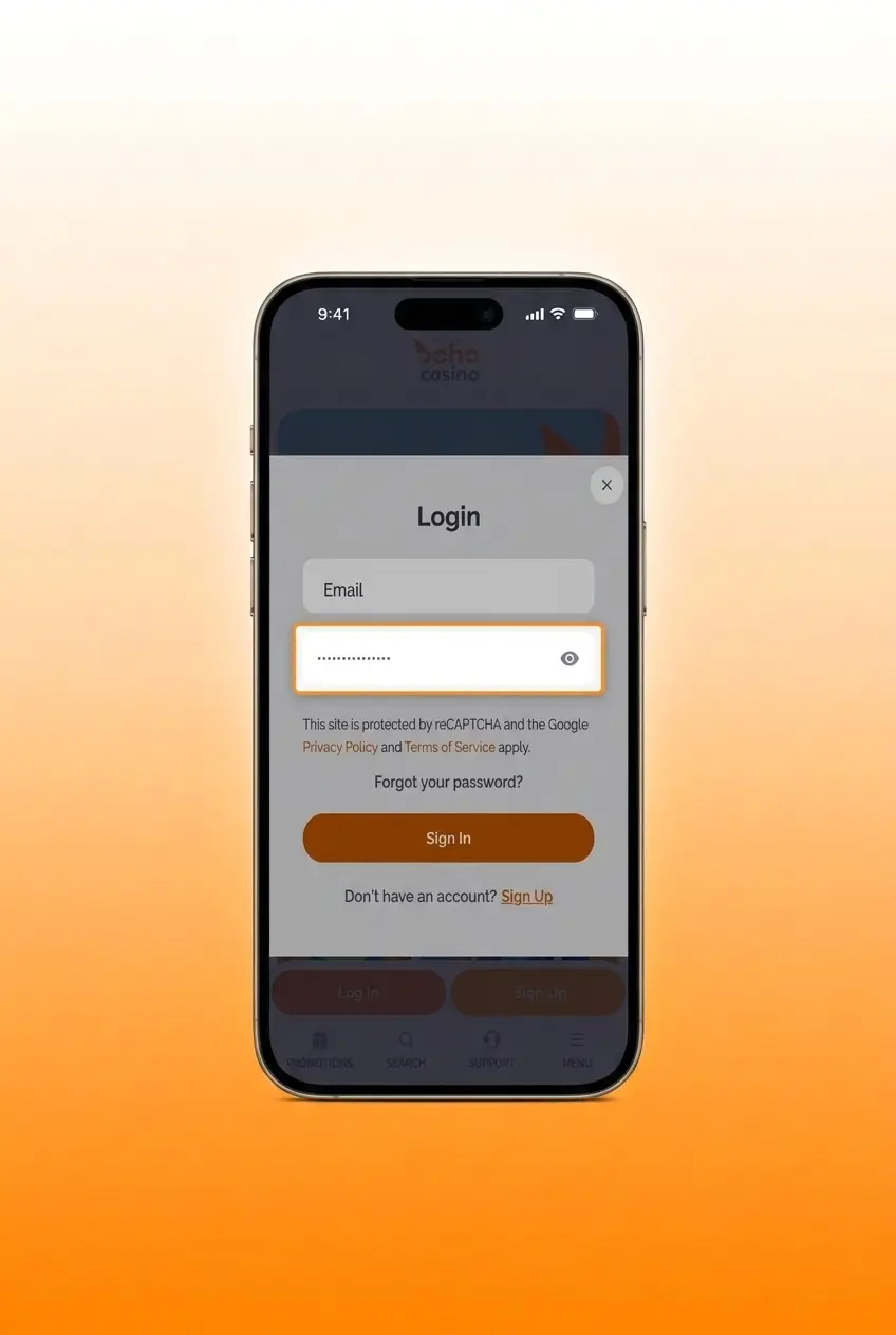 Boho Casino login screen showing email and password fields with Google sign-in option for account access