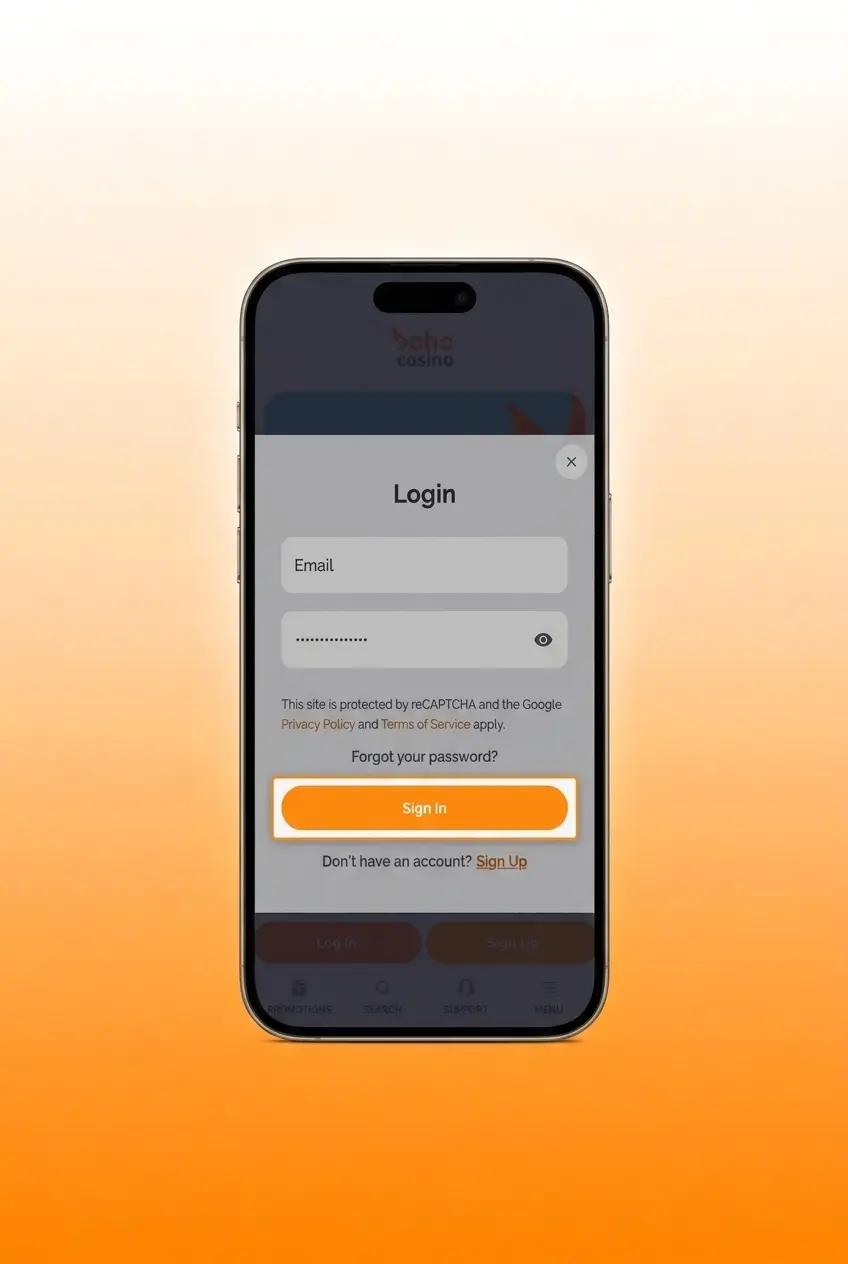 Boho Casino login screen showing email and password fields with Google sign-in option for account access