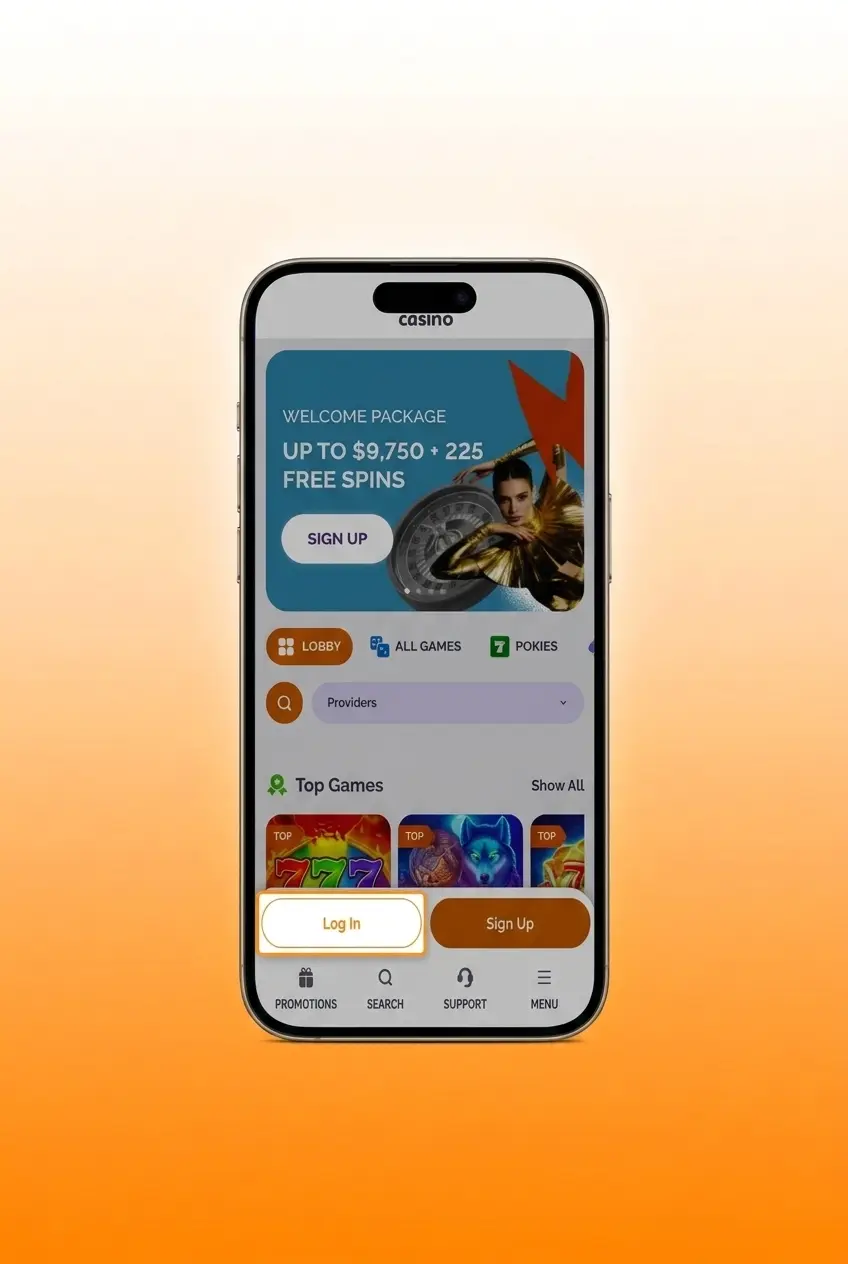 Boho Casino login screen showing email and password fields with Google sign-in option for account access