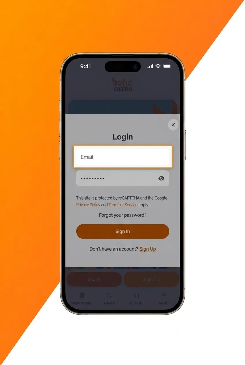 Boho Casino mobile browser login screen on smartphone, optimised for Australian players without a dedicated app