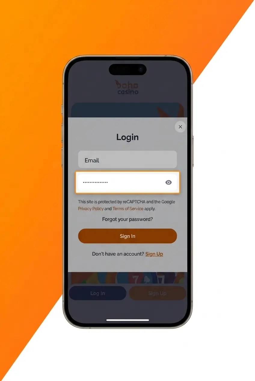 Boho Casino mobile browser login screen on smartphone, fully optimised for Australian players on iOS and Android