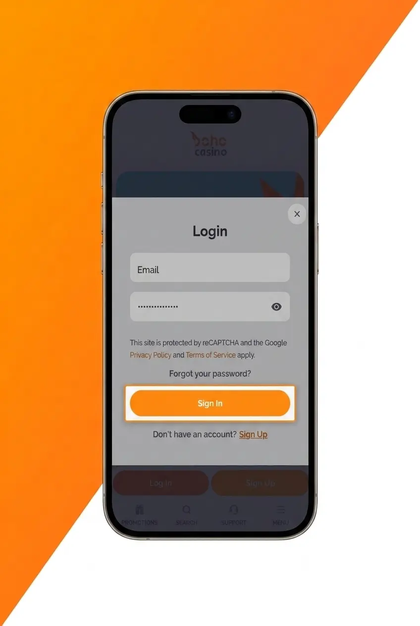 Boho Casino mobile browser login screen on smartphone, optimised for Australian players without a dedicated app