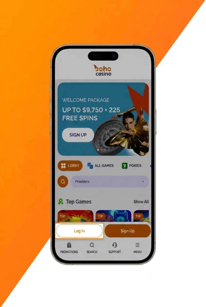 Boho Casino mobile browser login screen on a smartphone, optimised for Australian players without a dedicated app