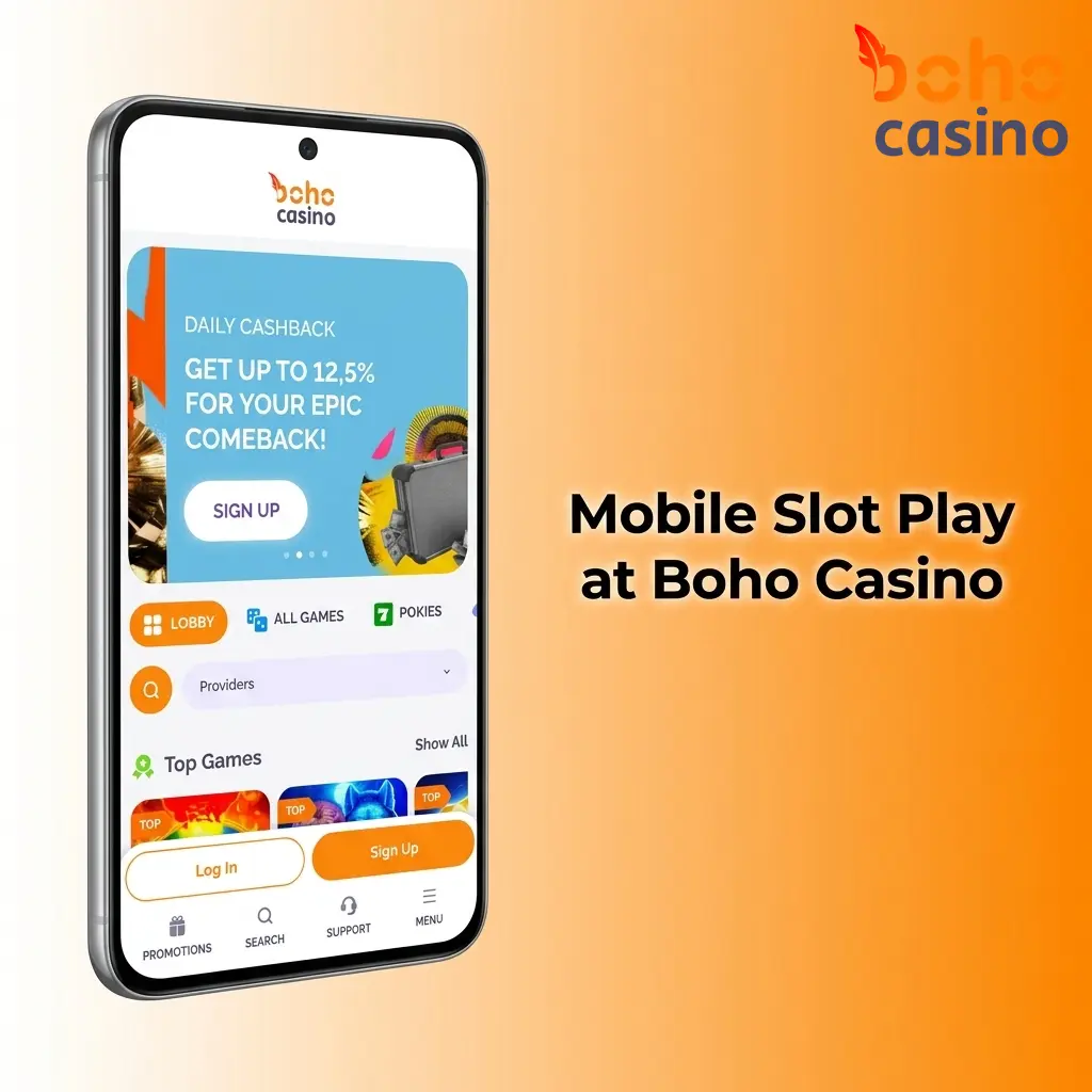 Boho Casino mobile slot lobby on smartphone showing full catalogue, filters, and game controls for Australian players