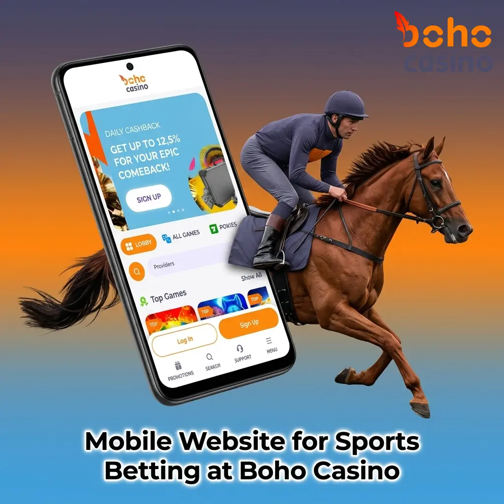 Boho Casino mobile website showing sports betting interface on smartphone with live odds and sportsbook access