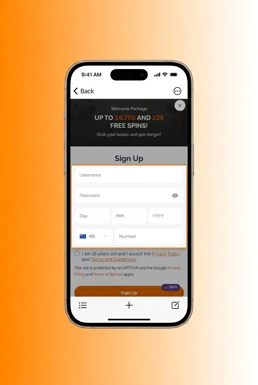Boho Casino app registration steps on mobile showing sign-up process for Australian users aged 18 and over