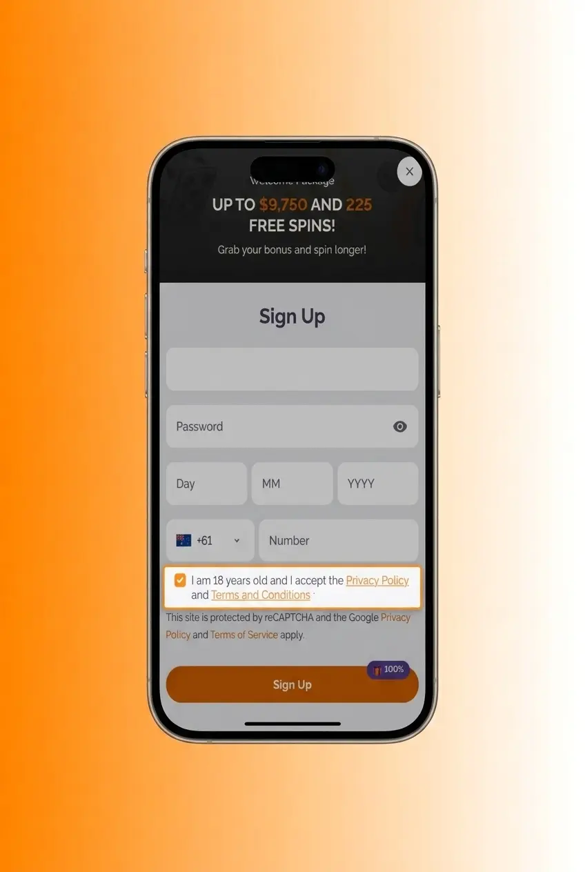 Boho Casino app registration steps on mobile showing sign-up options for Australian users aged 18 and over