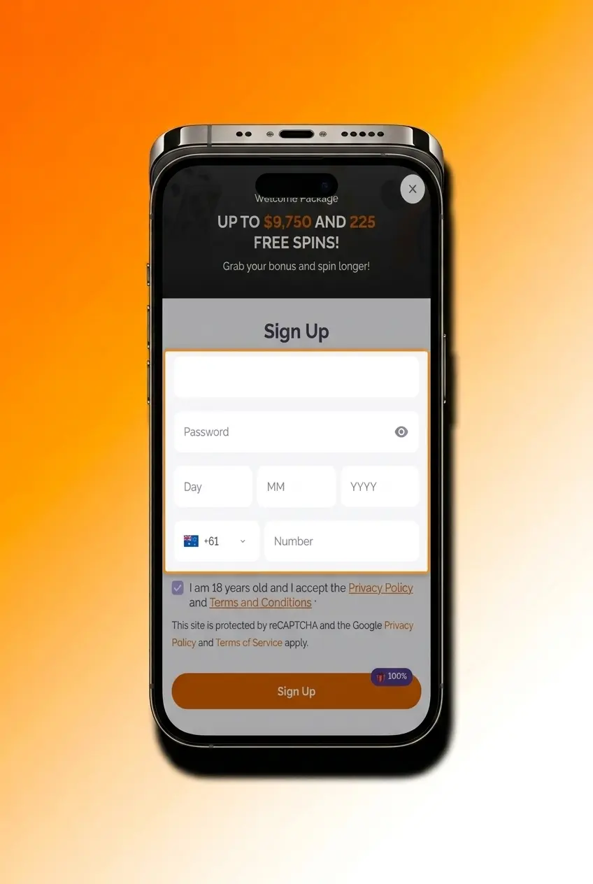 Boho Casino mobile app registration screen showing sign-up form with email and Google login options on touchscreen interface