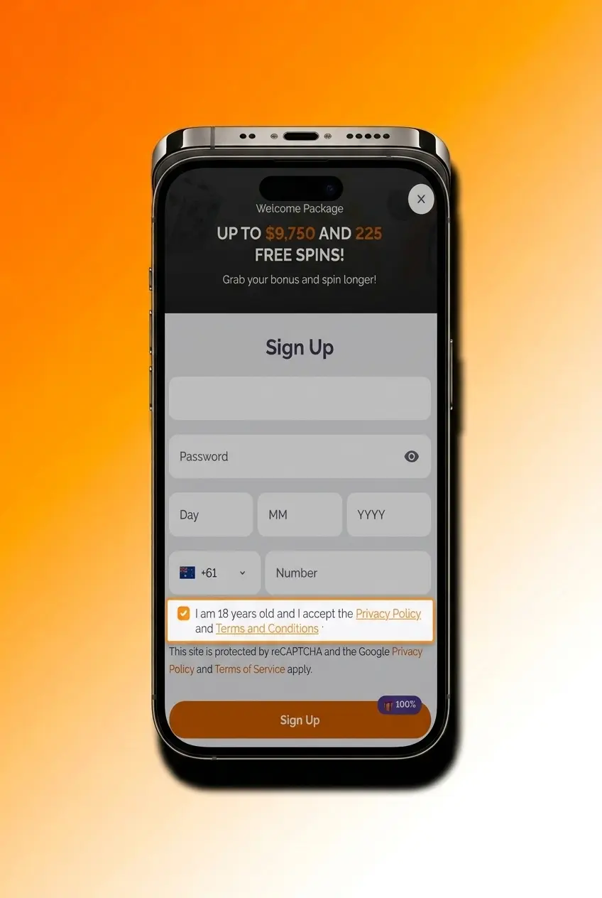 Boho Casino mobile app registration screen showing sign-up form with email and Google login options on touchscreen