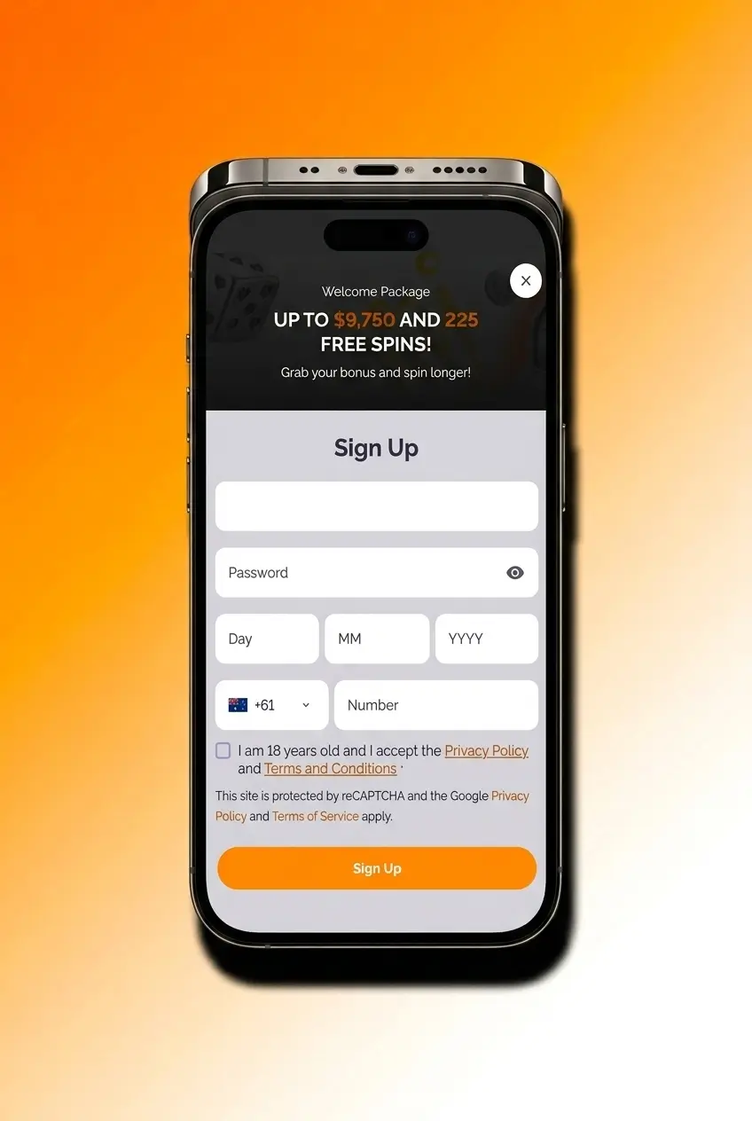 Boho Casino mobile app registration screen showing sign-up form with email and Google login options on touchscreen interface
