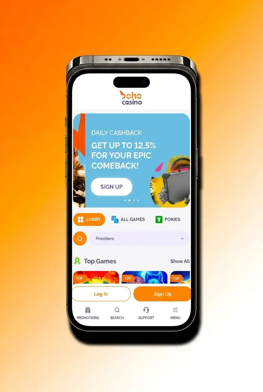 Boho Casino mobile app registration screen showing sign-up form with email and Google login options on touchscreen interface