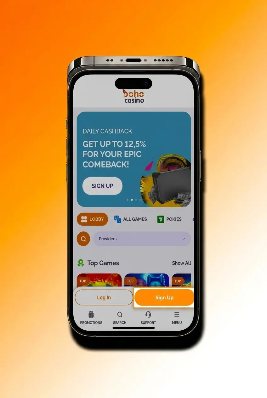 Boho Casino mobile app registration flow showing sign-up steps with biometric login option on touchscreen interface