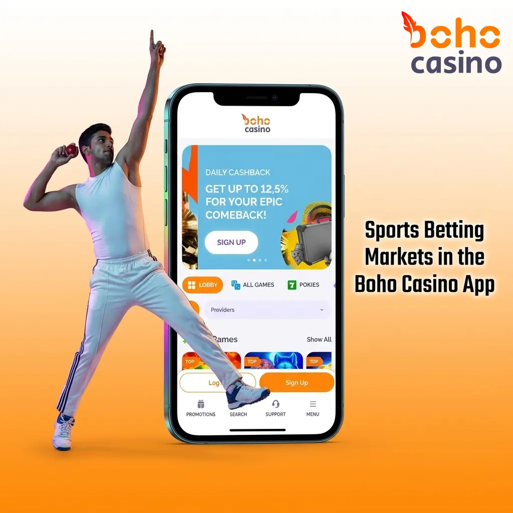 Boho Casino app sports betting markets showing AFL, cricket, rugby, tennis, horse racing, and eSports options for Australians