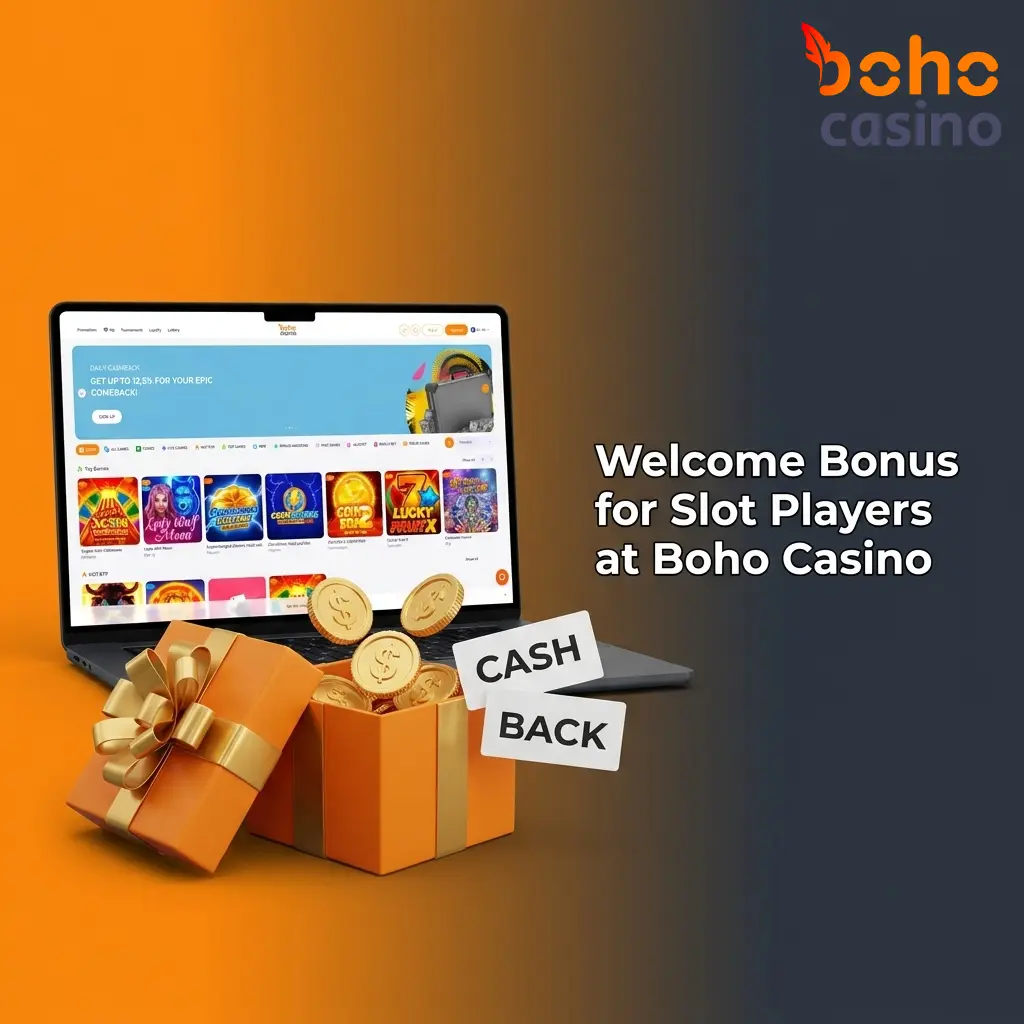 Boho Casino welcome bonus offer showing 100% match up to 777 AUD plus 100 free spins for new slot players